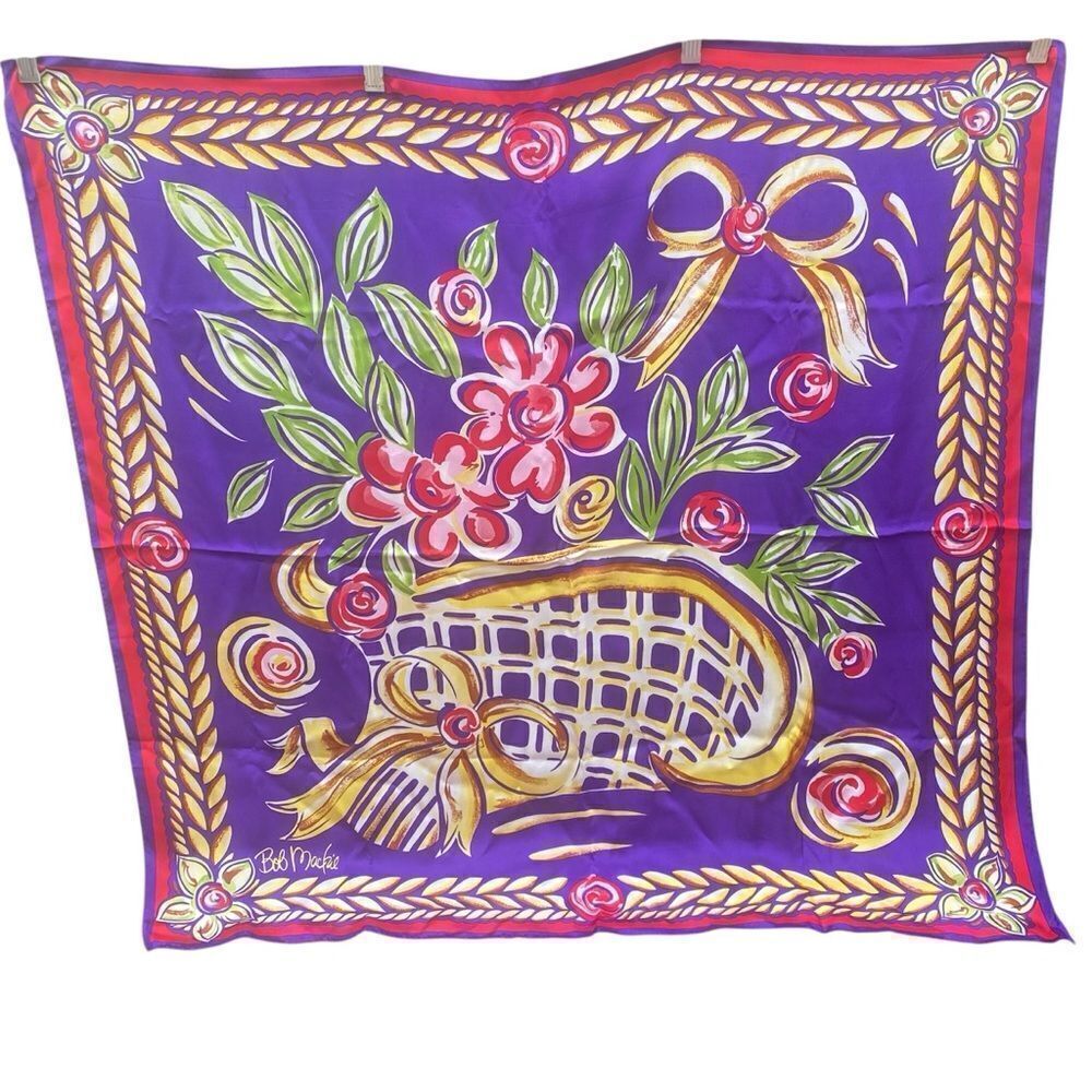 New Bob Mackie Wearable Art Silk Purple, Burgundy & Gold Floral/Bow Scarf/Wrap.
